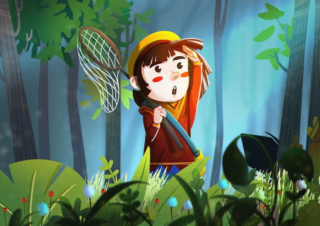 Cartoon illustration of a child holding a butterfly net and looking into a lush green forest. He represents the collector